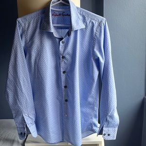 Robert Graham Teen Button Down Blue Reverse Pattern Cuff Dress Shirt 14-16 L